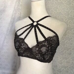 Venus Black Gold Lace Studded Caged Harness Bralette Size Medium Strappy O-Ring
